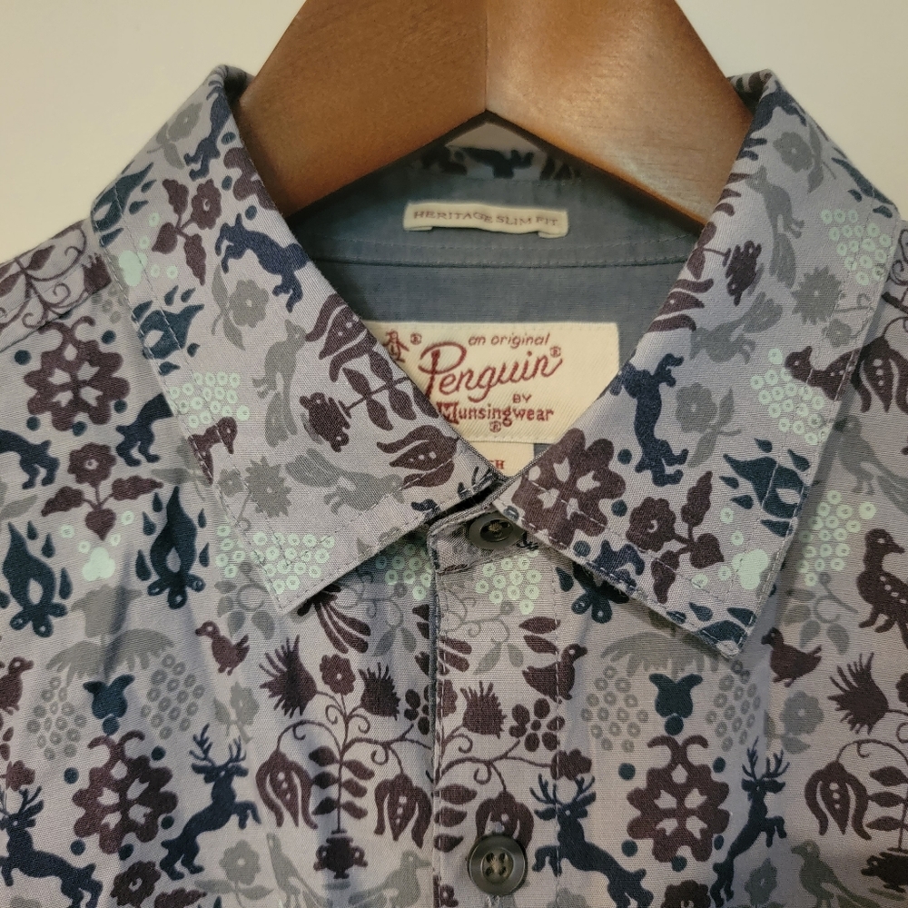 Penguins slim fit small button down shirt with floral, deer, and bird design